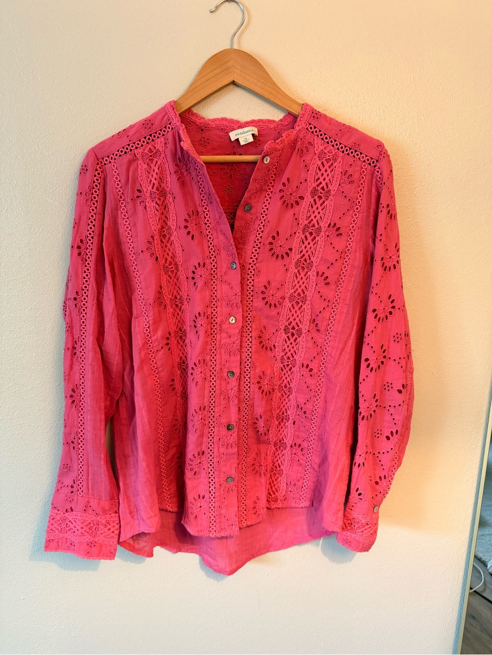 Sundance bright Pink Eyelet Button-Down Blouse Cottagecore boho 100 cotton